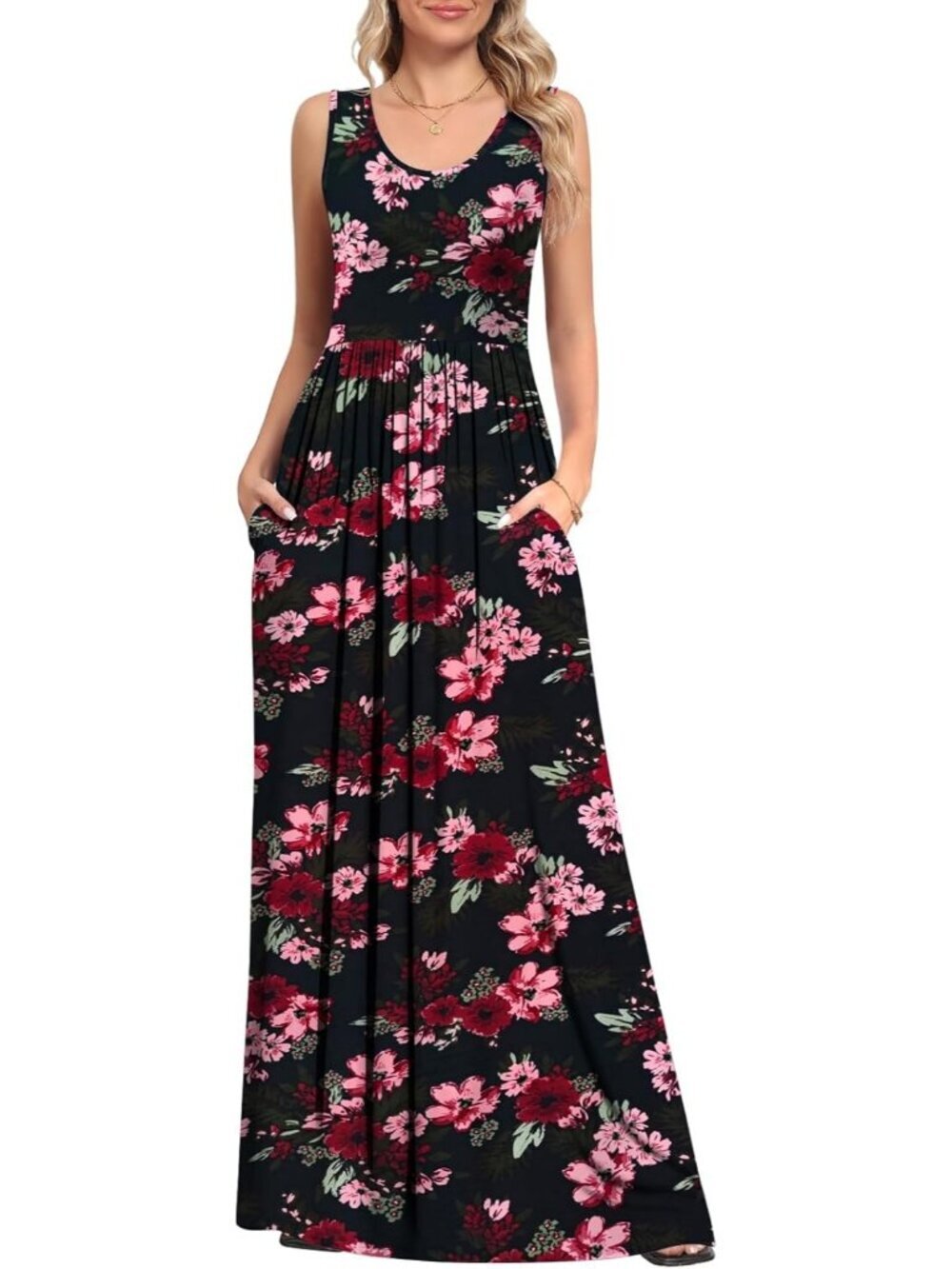 Women's Black Crabapple Flower Sleeveless Flowy Casual Beach Stylish Maxi Dress - Picture 4 of 5